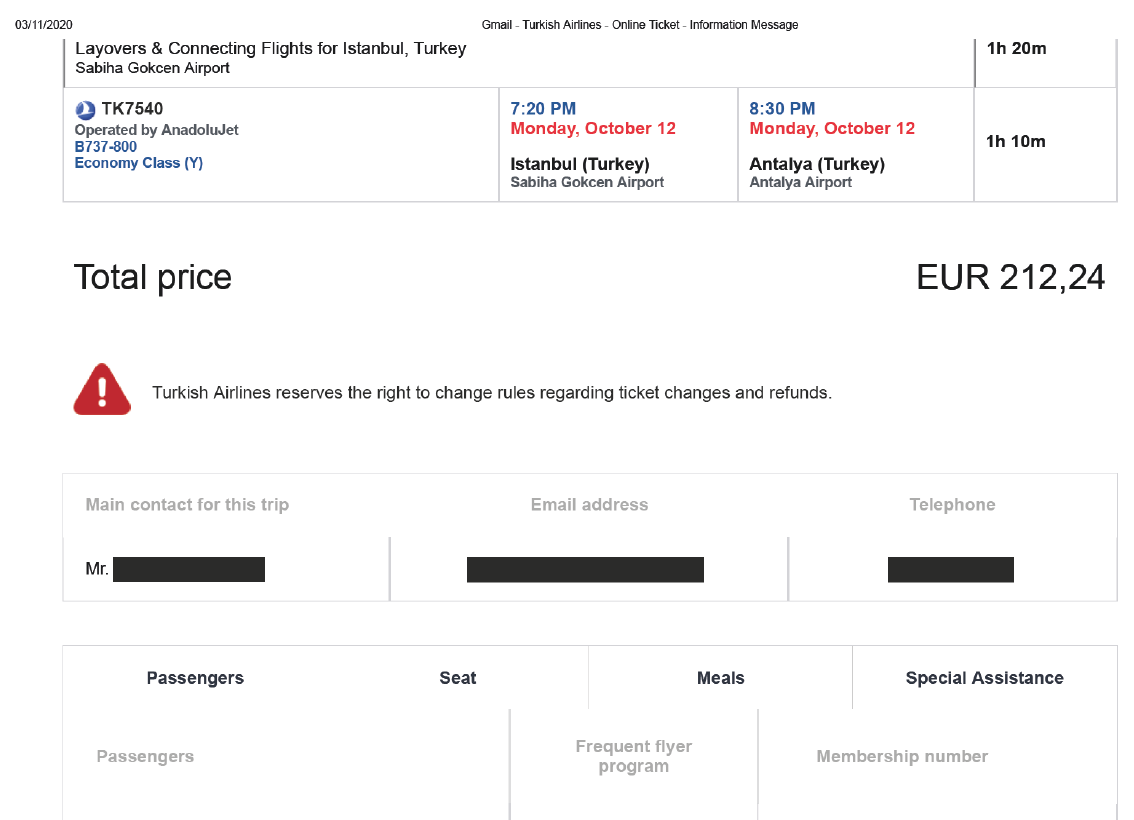 Fehlende Angabe von Steuern und Gebühren auf dem Ticket von Turkish Airlines