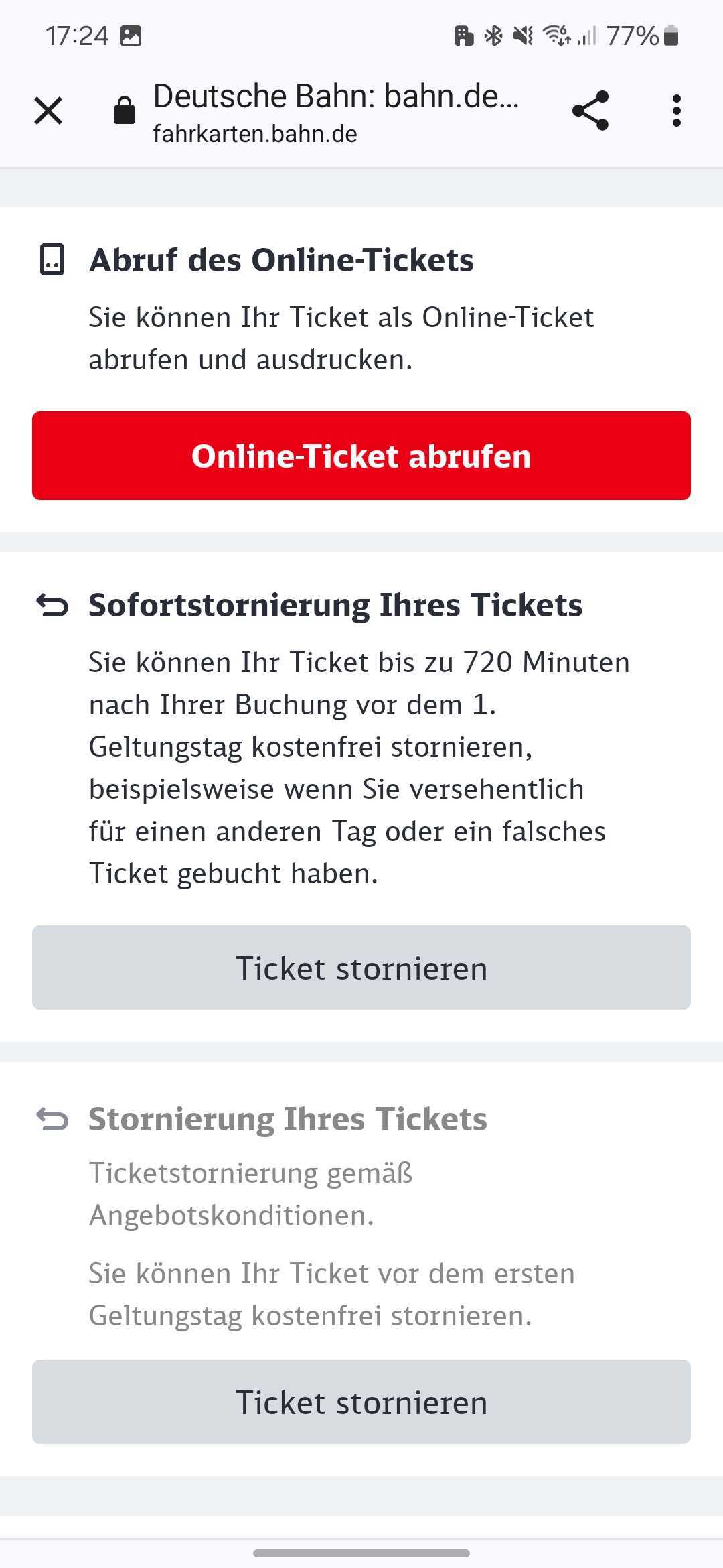 Screenshot aus DB App Stornierung des Flexpreis-Tickets